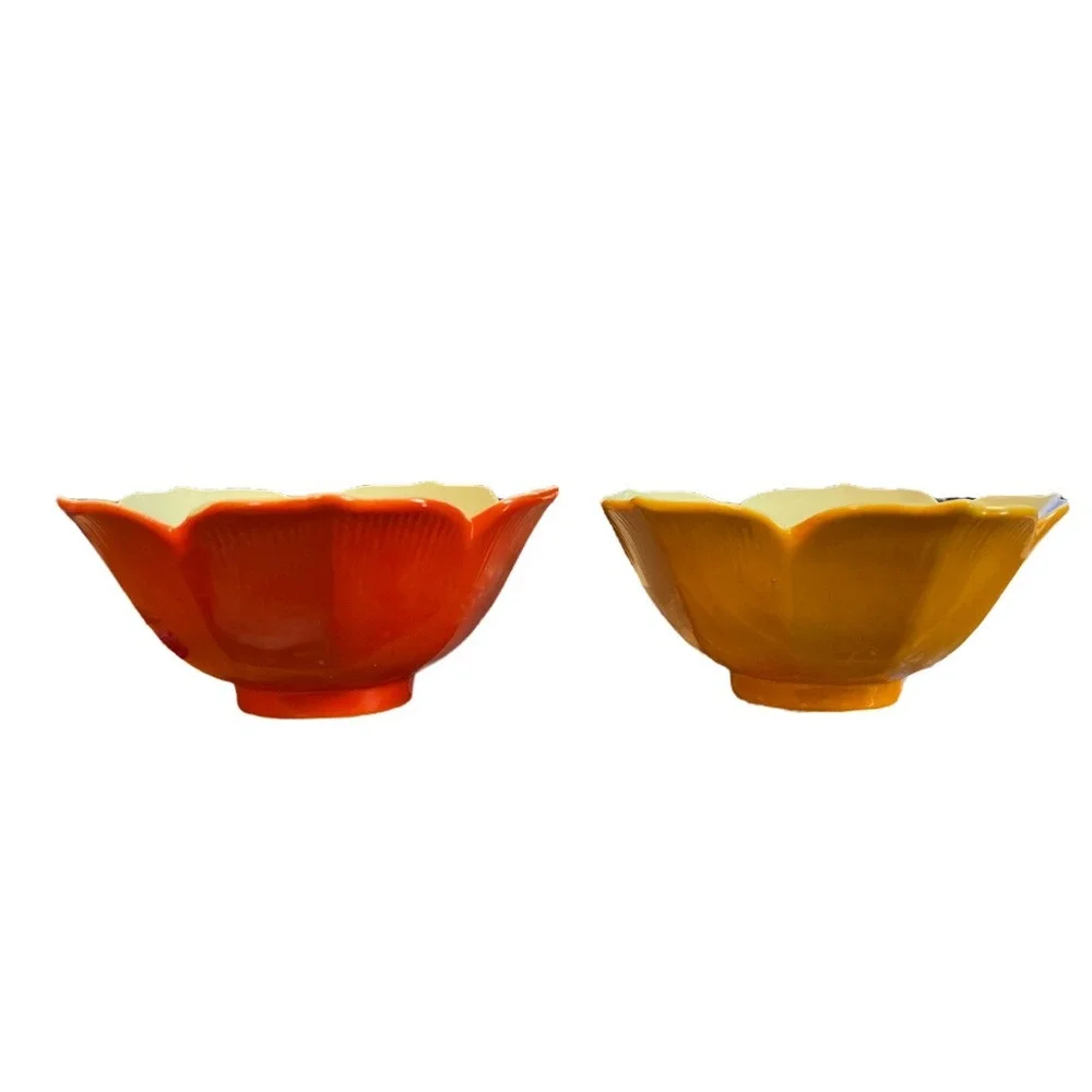VTG Set Of 4 Lotus Porcelain Rice Bowls ORANGE & YELLOW Flower‎ Petal Japan